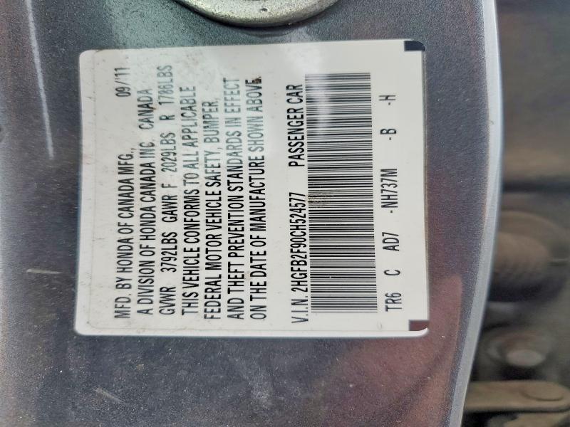 2012 Honda Civic მანქანა იყიდება აუქციონზე, vin: 2HGFB2F90CH524577, აუქციონის ნომერი: 52062116