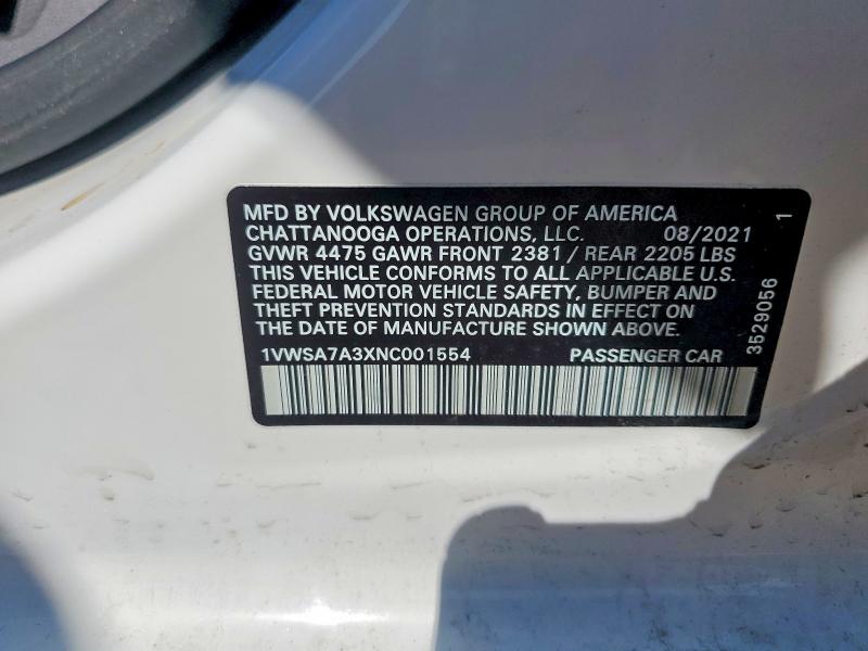 Продажа на аукционе авто 2022 Volkswagen Passat, vin: 1VWSA7A3XNC001554, номер лота: 54049296