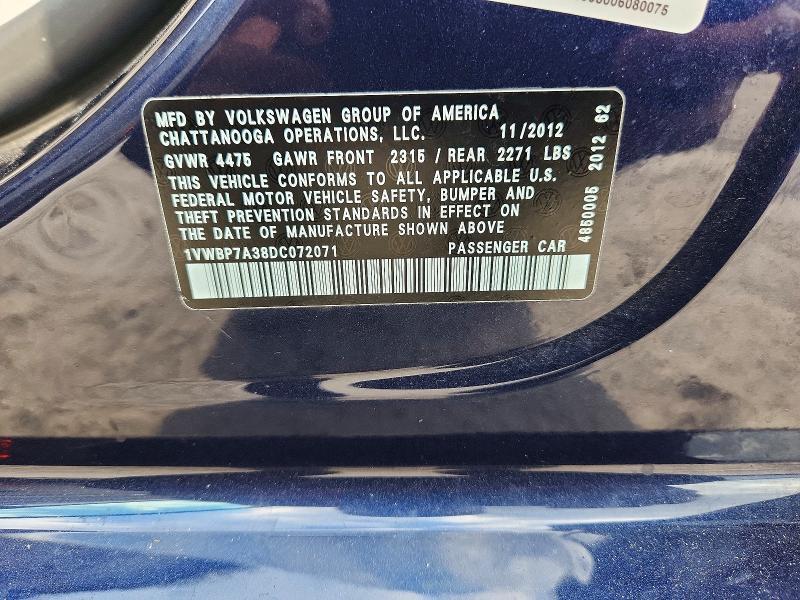 53270846 :رقم المزاد ، 1VWBP7A38DC072071 vin ، 2013 Volkswagen Passat مزاد بيع