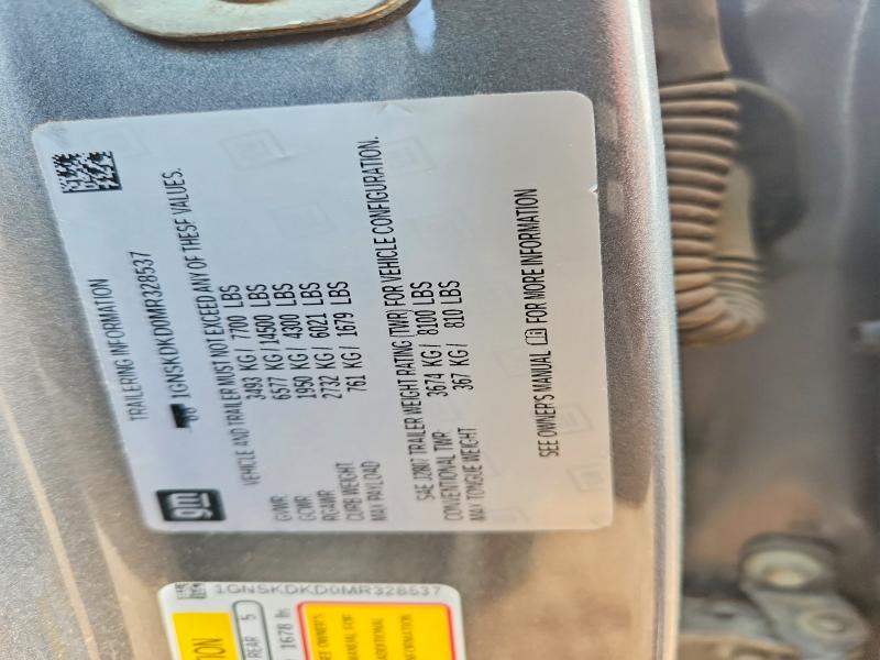 2021 Chevrolet Suburban მანქანა იყიდება აუქციონზე, vin: 1GNSKDKD0MR328537, აუქციონის ნომერი: 53035066