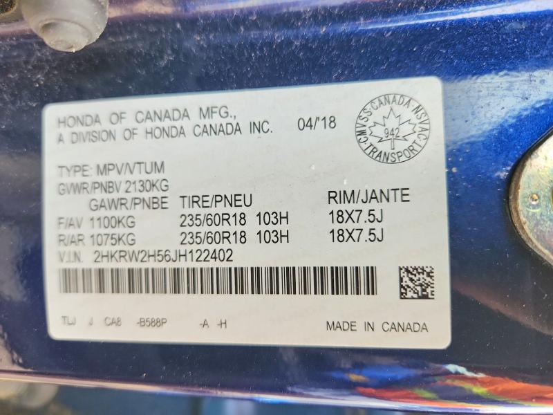 2018 Honda Cr-v მანქანა იყიდება აუქციონზე, vin: 2HKRW2H56JH122402, აუქციონის ნომერი: 53251296