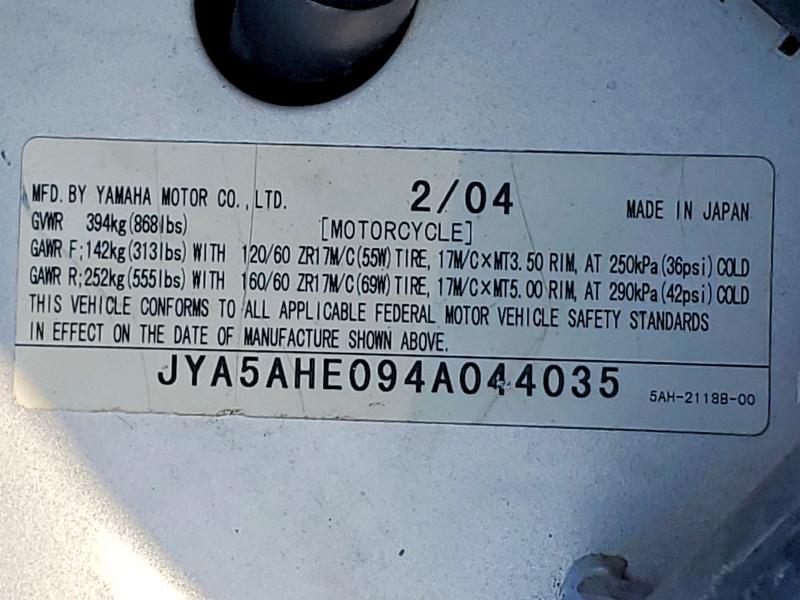 Продажа на аукционе авто 2004 Yamaha Yzf600, vin: JYA5AHE094A044035, номер лота: 52840176