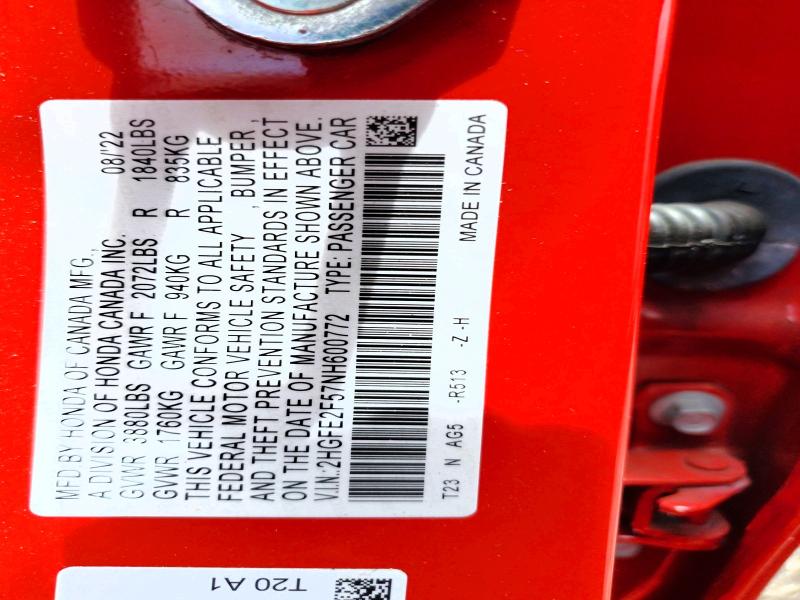Продаж на аукціоні авто 2022 Honda Civic, vin: 2HGFE2F57NH600772, номер лоту: 54876506