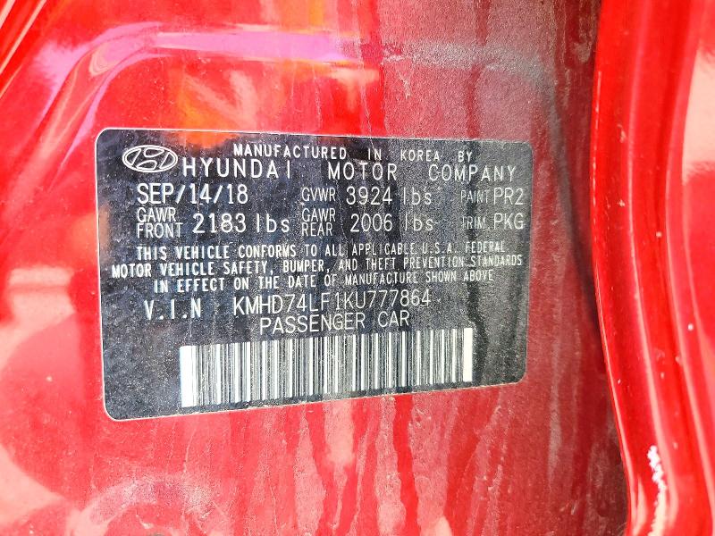 55301276 :رقم المزاد ، KMHD74LF1KU777864 vin ، 2019 Hyundai Elantra مزاد بيع