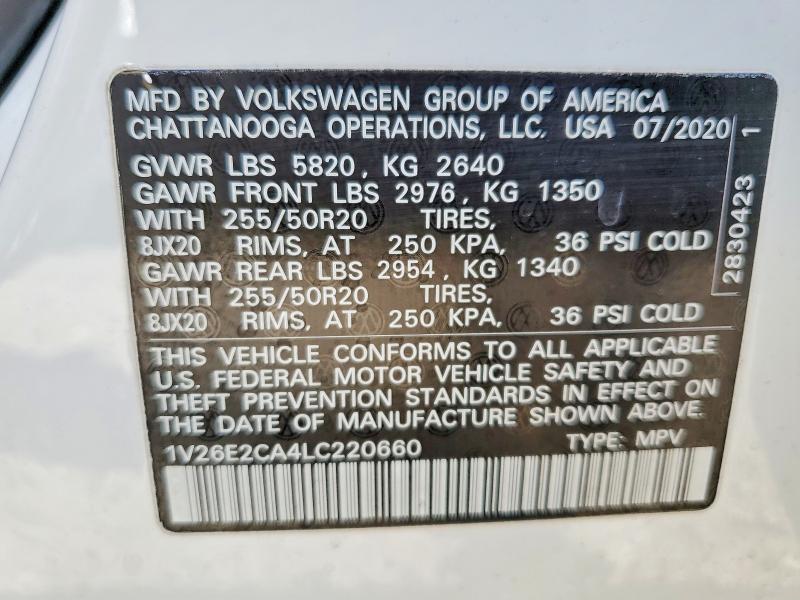 54516936 :رقم المزاد ، 1V26E2CA4LC220660 vin ، 2020 Volkswagen Atlas Cross Sport مزاد بيع