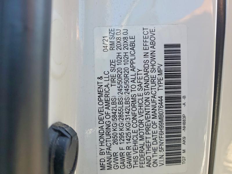 2021 Honda Pilot მანქანა იყიდება აუქციონზე, vin: 5FNYF6H99MB076444, აუქციონის ნომერი: 54265646