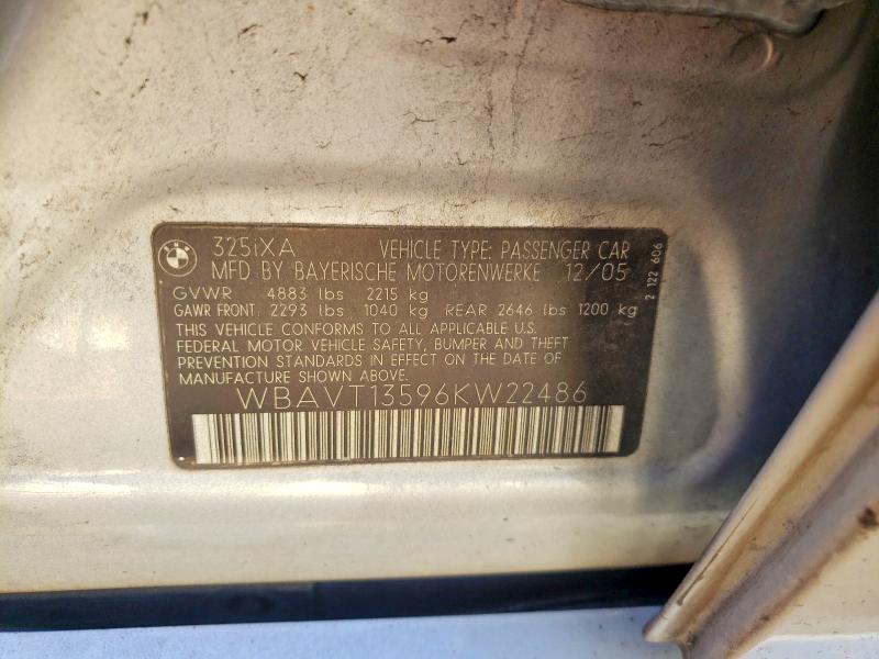 2006 Bmw 325 მანქანა იყიდება აუქციონზე, vin: WBAVT13596KW22486, აუქციონის ნომერი: 53559316