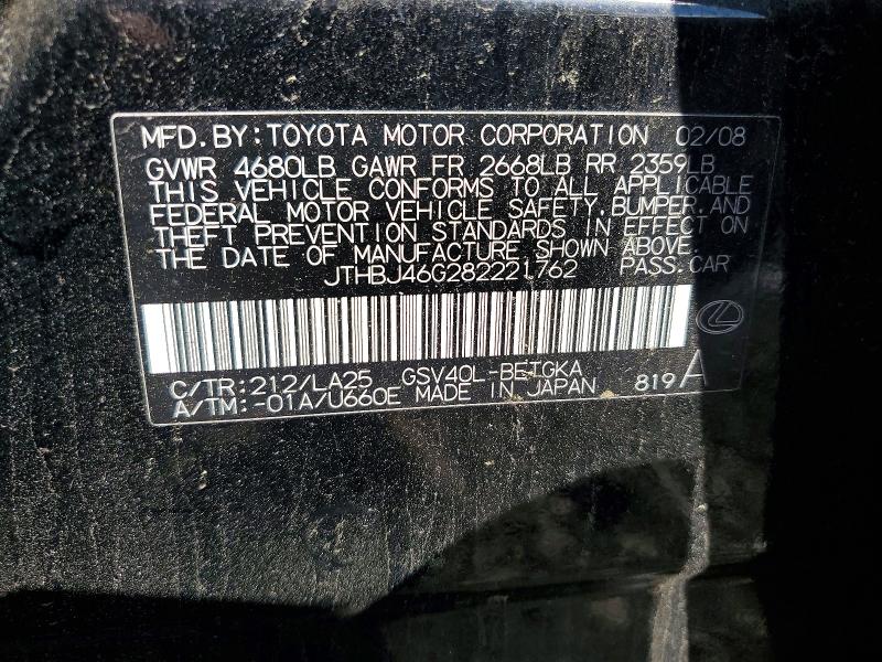 55027156 :رقم المزاد ، JTHBJ46G282221762 vin ، 2008 Lexus Es مزاد بيع