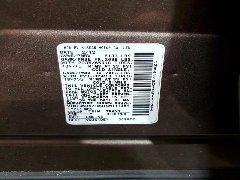 Продаж на аукціоні авто 2012 Nissan Murano, vin: JN8AZ1MU1CW111384, номер лоту: 53050046