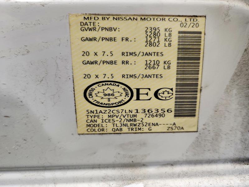 55492996 :رقم المزاد ، 5N1AZ2CS7LN136356 vin ، 2020 Nissan Murano مزاد بيع