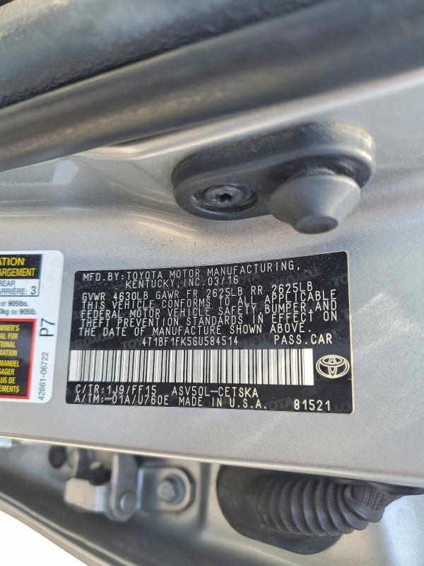 2016 Toyota Camry მანქანა იყიდება აუქციონზე, vin: 4T1BF1FK5GU584514, აუქციონის ნომერი: 53743676