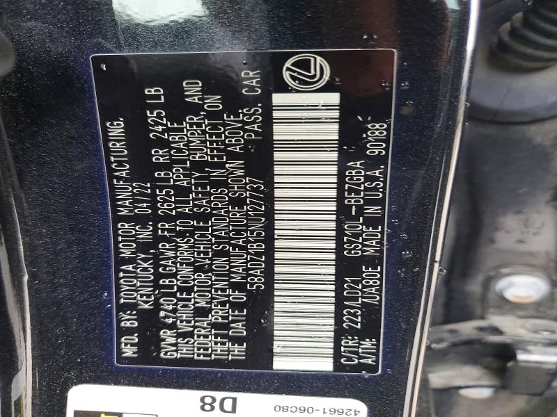 52419646 :رقم المزاد ، 58ADZ1B15NU127737 vin ، 2022 Lexus Es 350 مزاد بيع