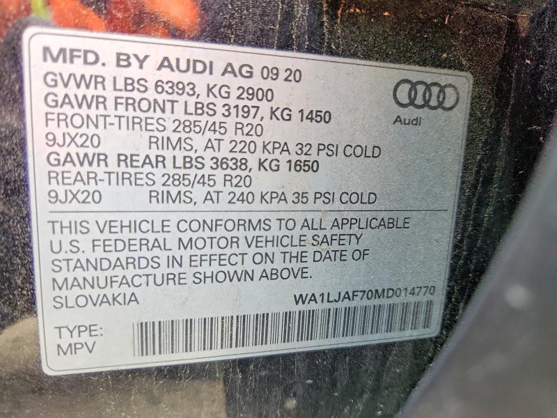 53720066 :رقم المزاد ، WA1LJAF70MD014770 vin ، 2021 Audi Q7 مزاد بيع