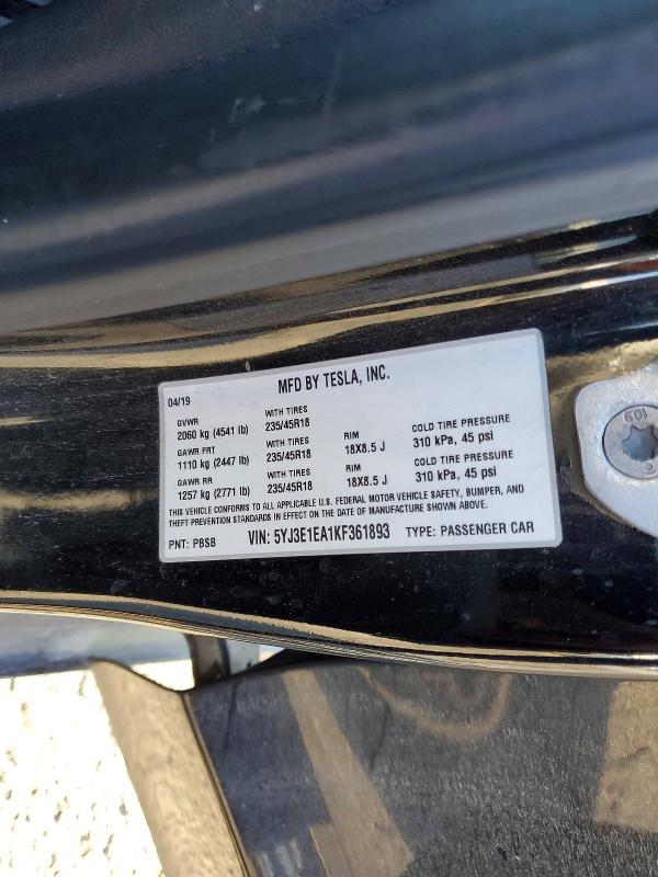 52618546 :رقم المزاد ، 5YJ3E1EA1KF361893 vin ، 2019 Tesla Model 3 مزاد بيع