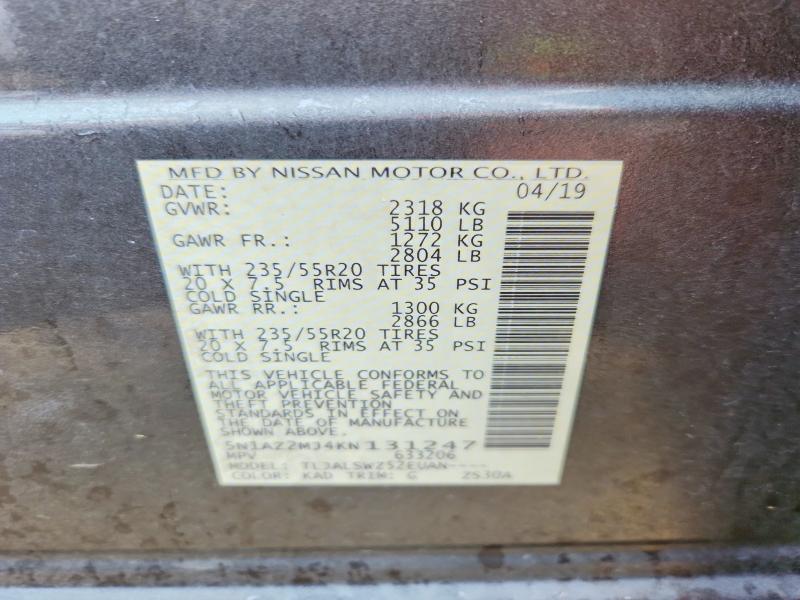 2019 Nissan Murano მანქანა იყიდება აუქციონზე, vin: 5N1AZ2MJ4KN131247, აუქციონის ნომერი: 54833276