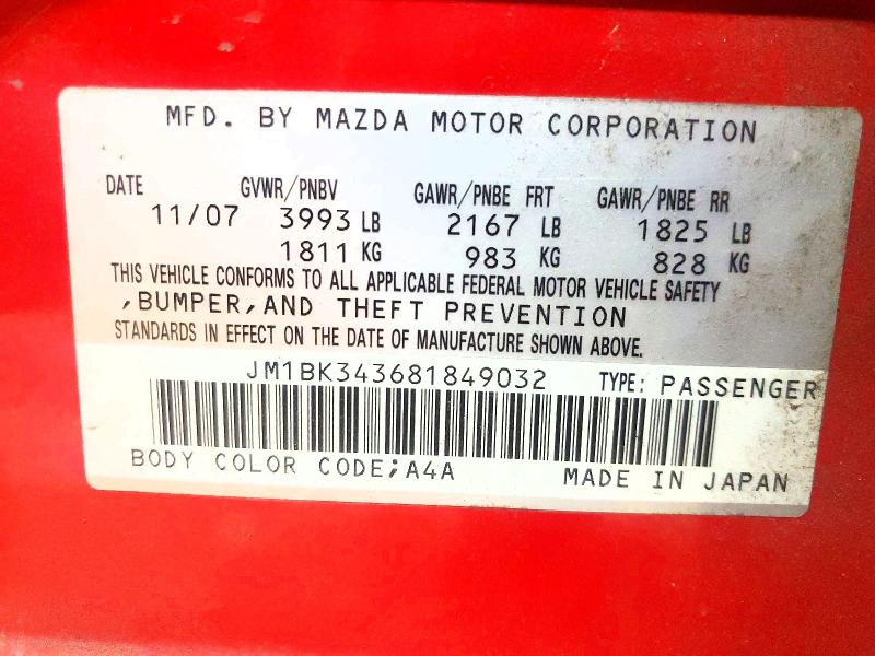 Aukcja sprzedaży 2008 Mazda 3, vin: JM1BK343681849032, numer aukcji: 52061136