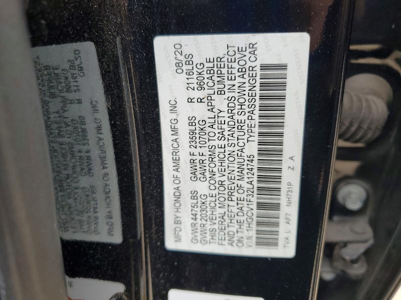 52337726 :رقم المزاد ، 1HGCV1F32LA124745 vin ، 2020 Honda Accord مزاد بيع