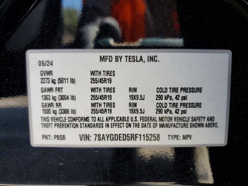 54157016 :رقم المزاد ، 7SAYGDED5RF115258 vin ، 2024 Tesla Model Y مزاد بيع