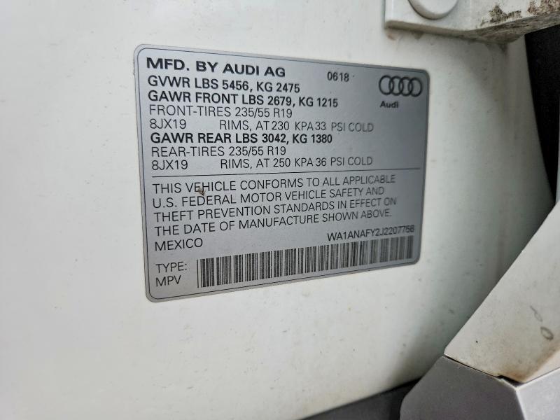 52933486 :رقم المزاد ، WA1ANAFY2J2207756 vin ، 2018 Audi Q5 مزاد بيع
