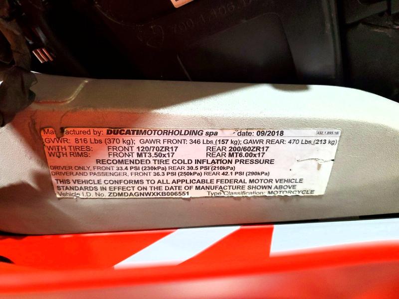 Aukcja sprzedaży 2019 Ducati Panigale, vin: ZDMDAGNWXKB006551, numer aukcji: 53830416