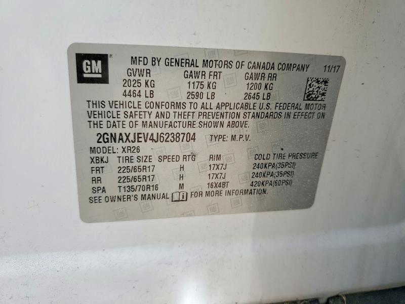 54842476 :رقم المزاد ، 2GNAXJEV4J6238704 vin ، 2018 Chevrolet Equinox مزاد بيع