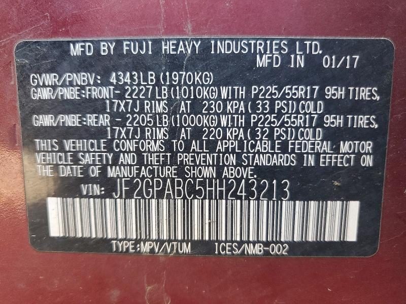 Aukcja sprzedaży 2017 Subaru Crosstrek, vin: JF2GPABC5HH243213, numer aukcji: 52185696
