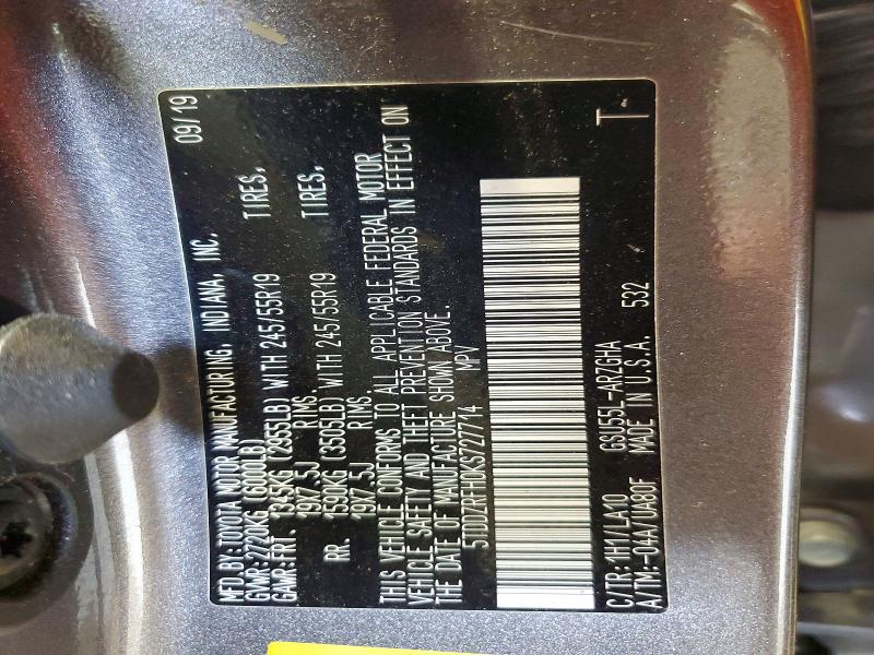 53425346 :رقم المزاد ، 5TDDZRFH0KS727714 vin ، 2019 Toyota Highlander مزاد بيع