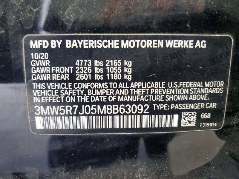 Продажа на аукционе авто 2021 Bmw 330xi, vin: 3MW5R7J05M8B63092, номер лота: 55399826