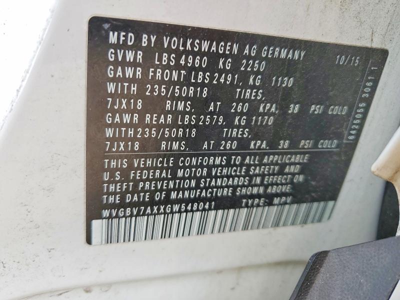 Продаж на аукціоні авто 2016 Volkswagen Tiguan, vin: WVGBV7AXXGW548041, номер лоту: 54991966