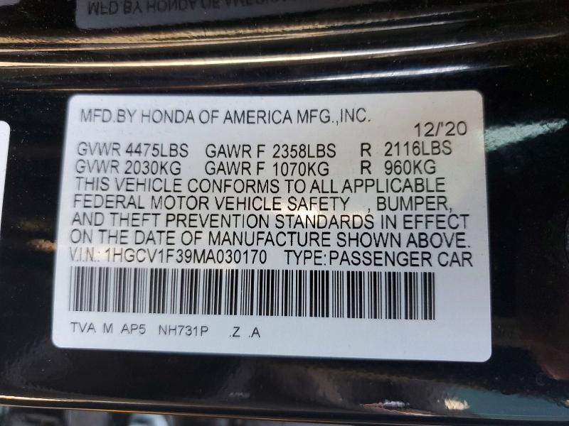 Aukcja sprzedaży 2021 Honda Accord, vin: 1HGCV1F39MA030170, numer aukcji: 53043736
