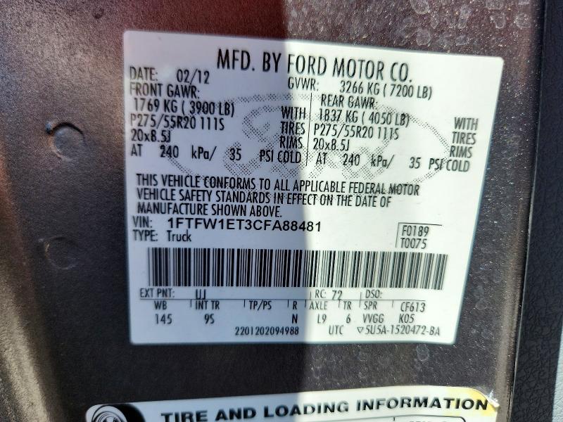 Aukcja sprzedaży 2012 Ford F150, vin: 1FTFW1ET3CFA88481, numer aukcji: 53119076