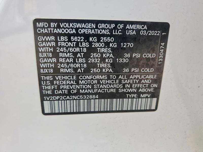 54183296 :رقم المزاد ، 1V2DP2CA2NC532884 vin ، 2022 Volkswagen Atlas مزاد بيع