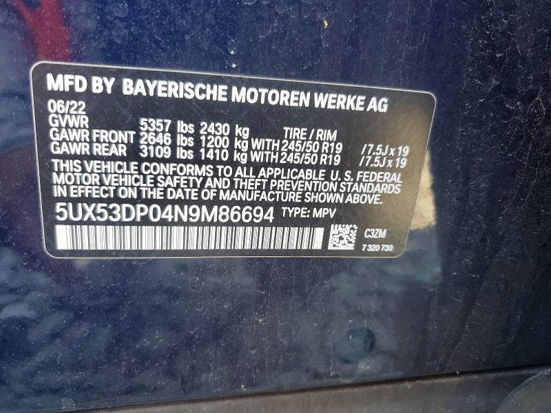 Продаж на аукціоні авто 2022 Bmw X3, vin: 5UX53DP04N9M86694, номер лоту: 52351136