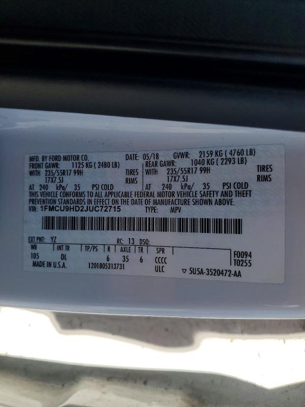 Aukcja sprzedaży 2018 Ford Escape, vin: 1FMCU9HD2JUC72715, numer aukcji: 53276666