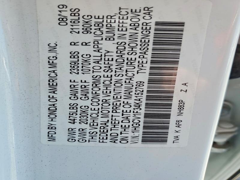 2019 Honda Accord მანქანა იყიდება აუქციონზე, vin: 1HGCV1F34KA152769, აუქციონის ნომერი: 52169836
