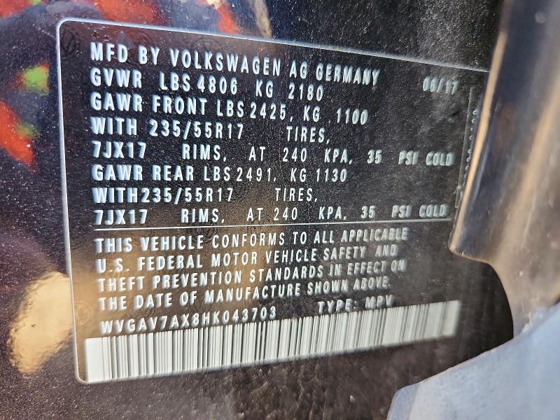 Продаж на аукціоні авто 2017 Volkswagen Tiguan, vin: WVGAV7AX8HK043703, номер лоту: 55573306