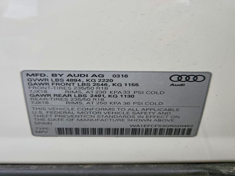 Продаж на аукціоні авто 2016 Audi Q3, vin: WA1EFCFS3GR020452, номер лоту: 54064826