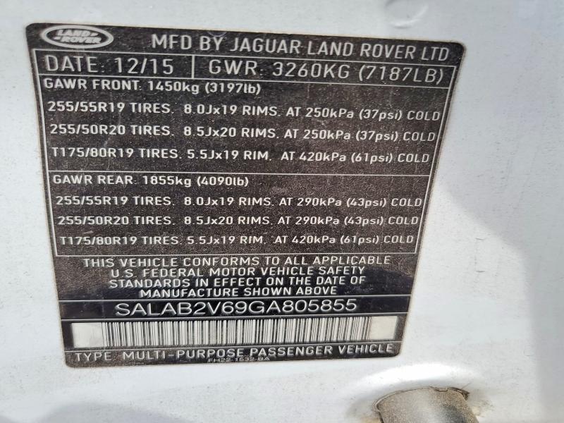 52693436 :رقم المزاد ، SALAB2V69GA805855 vin ، 2016 Land Rover Lr4 مزاد بيع