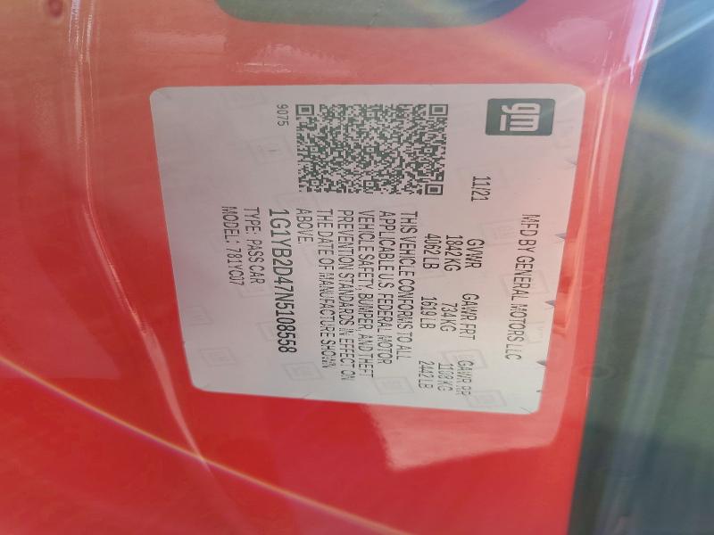 Продажа на аукционе авто 2022 Chevrolet Corvette, vin: 1G1YB2D47N5108558, номер лота: 52930766