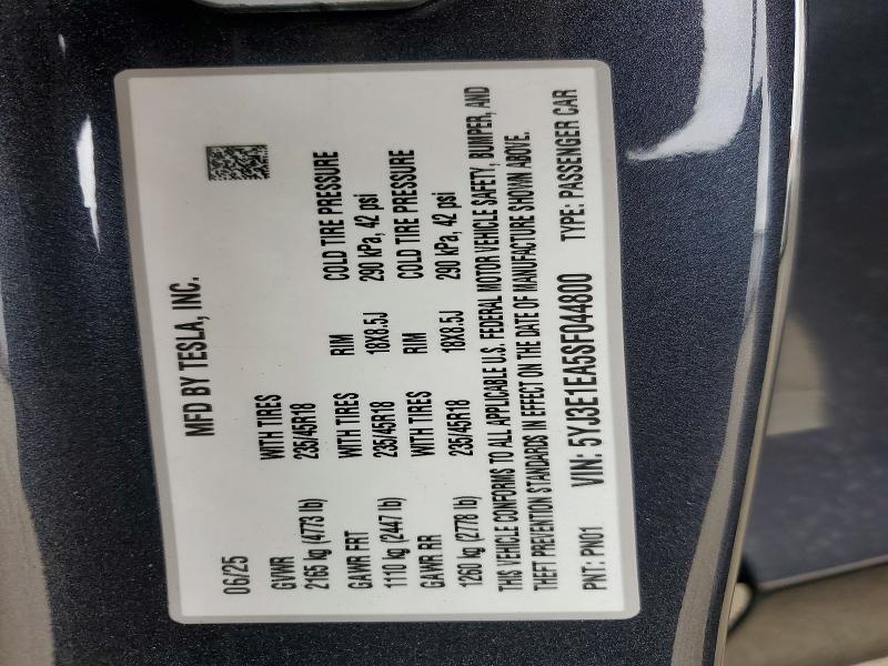 Продажа на аукционе авто 2025 Tesla Model 3, vin: 5YJ3E1EA5SF044800, номер лота: 53025306