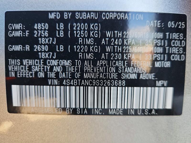 2025 Subaru Outback მანქანა იყიდება აუქციონზე, vin: 4S4BTANC9S3263688, აუქციონის ნომერი: 52440866