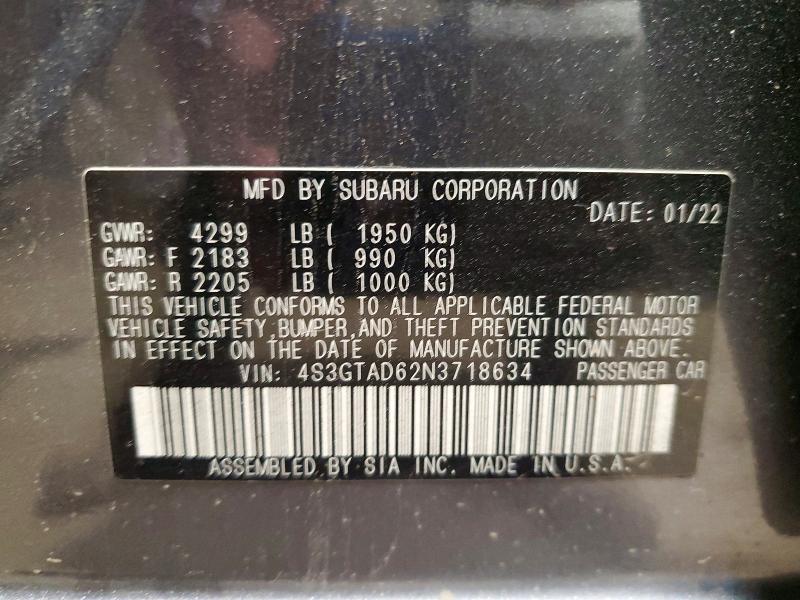 54695166 :رقم المزاد ، 4S3GTAD62N3718634 vin ، 2022 Subaru Impreza مزاد بيع
