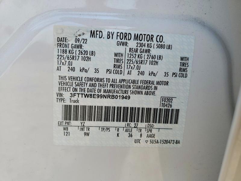 2022 Ford Maverick მანქანა იყიდება აუქციონზე, vin: 3FTTW8E99NRB01949, აუქციონის ნომერი: 54541796