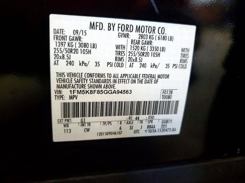 2016 Ford Explorer მანქანა იყიდება აუქციონზე, vin: 1FM5K8F85GGA94563, აუქციონის ნომერი: 55052496