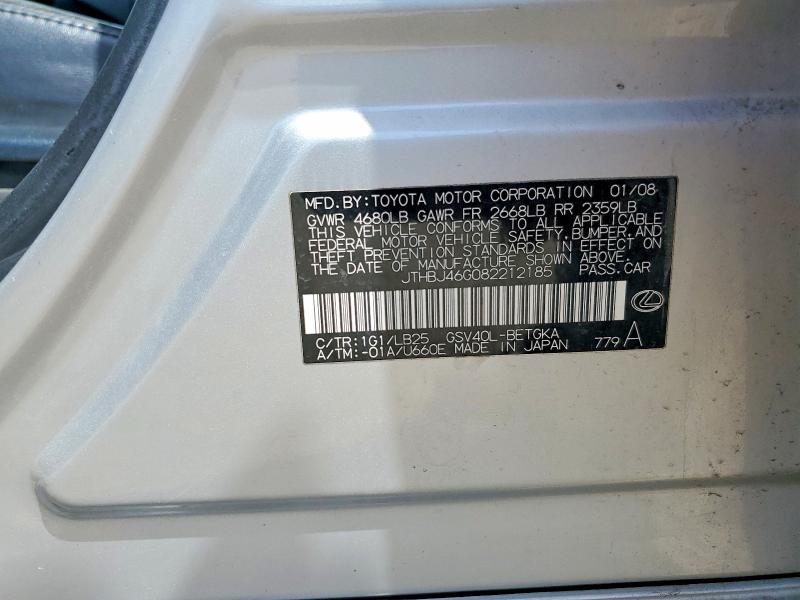54119116 :رقم المزاد ، JTHBJ46G082212185 vin ، 2008 Lexus Es مزاد بيع