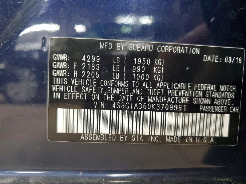 51977066 :رقم المزاد ، 4S3GTAD60K3709961 vin ، 2019 Subaru Impreza مزاد بيع