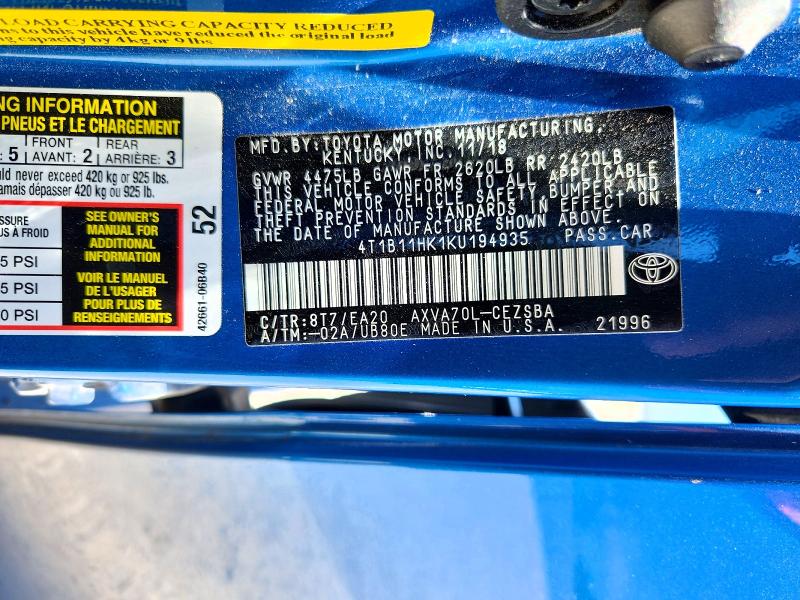 Продажа на аукционе авто 2019 Toyota Camry, vin: 4T1B11HK1KU194935, номер лота: 53656146