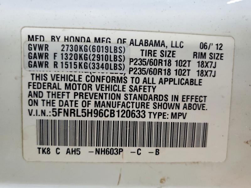 Aukcja sprzedaży 2012 Honda Odyssey, vin: 5FNRL5H96CB120633, numer aukcji: 55303486