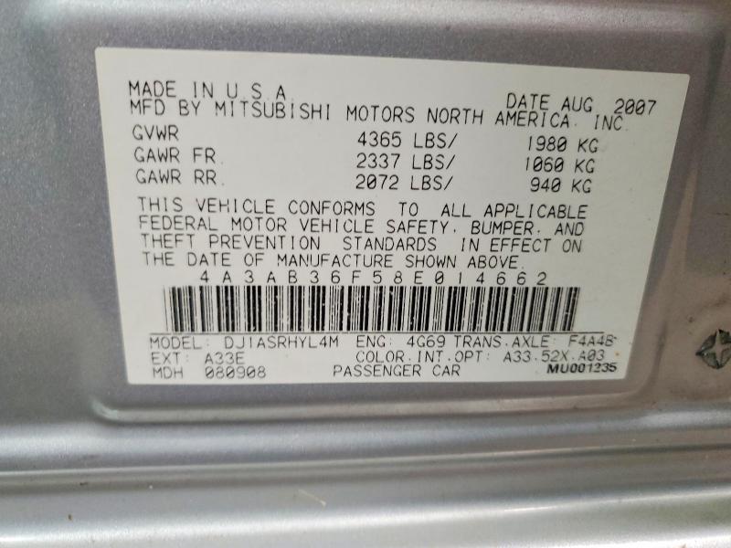 Продаж на аукціоні авто 2008 Mitsubishi Galant, vin: 4A3AB36F58E014662, номер лоту: 53521326