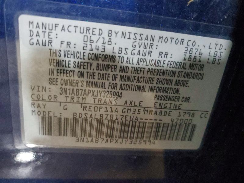 2018 Nissan Sentra მანქანა იყიდება აუქციონზე, vin: 3N1AB7APXJY325994, აუქციონის ნომერი: 54093796